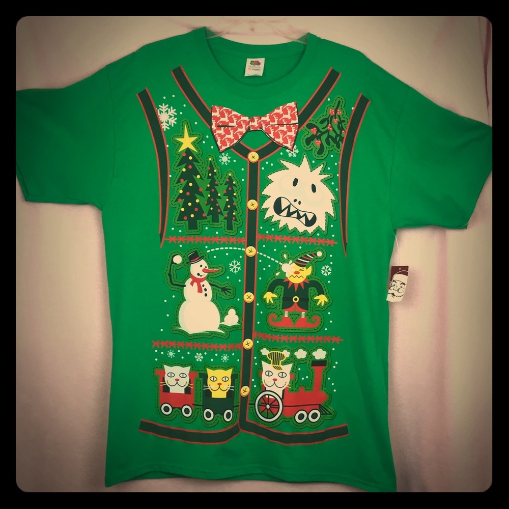 Ugly Christmas Shirt W/ Cats Snowman Elf & Yeti